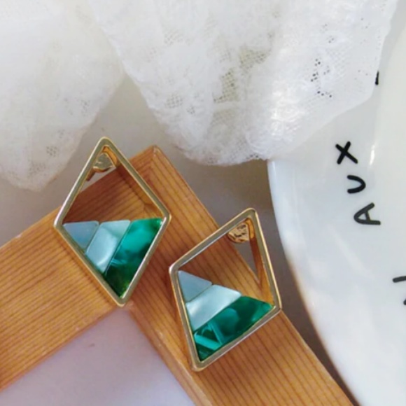 Anthropologie Jewelry - 18K Gold Plated Stone Earrings Green Triangle